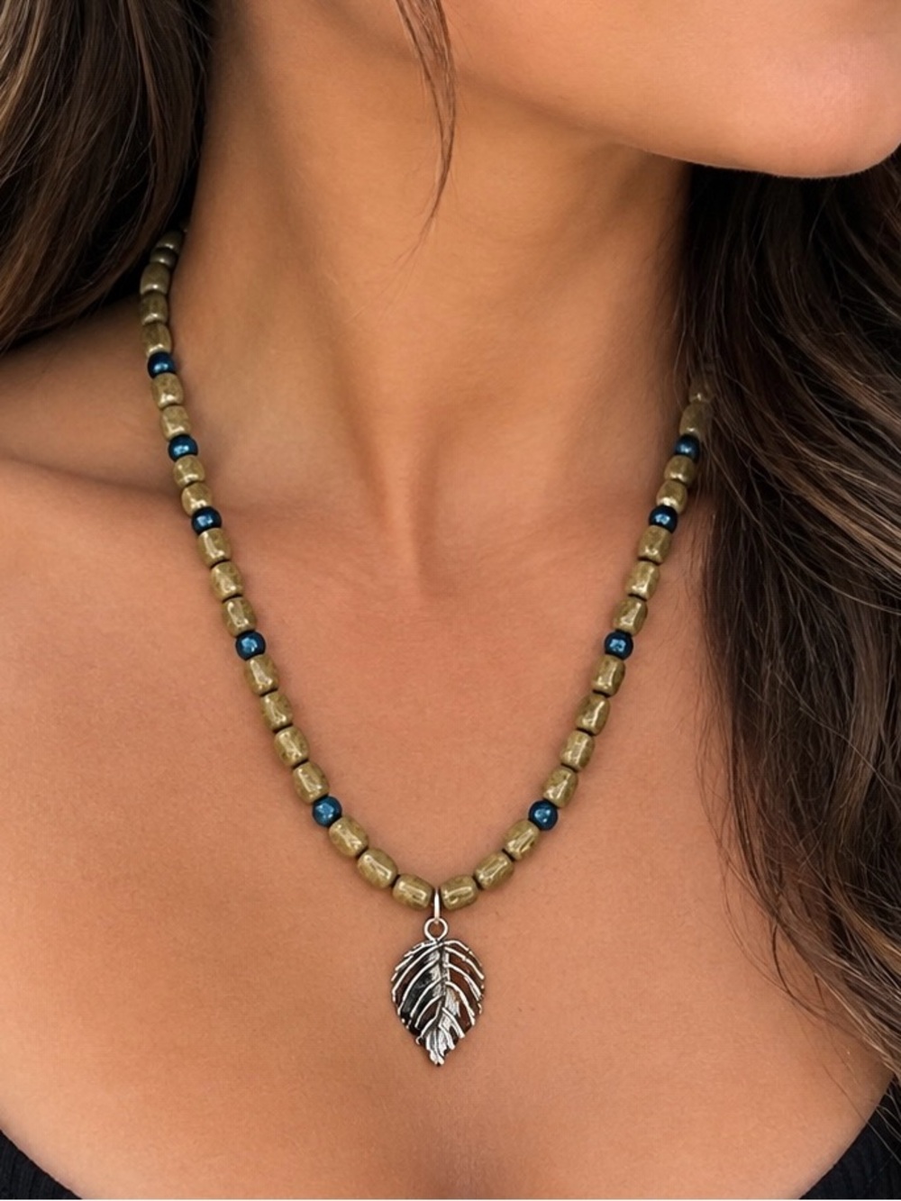Olive Green and Teal Beaded Necklace with Silver Leaf Pendant